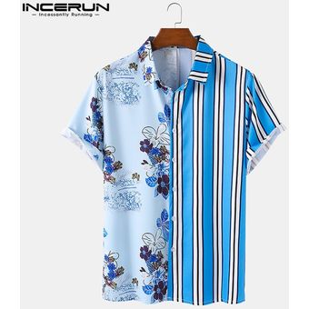 hombres camisa Casual estampado a rayas ropa informal con dis #Blue 
