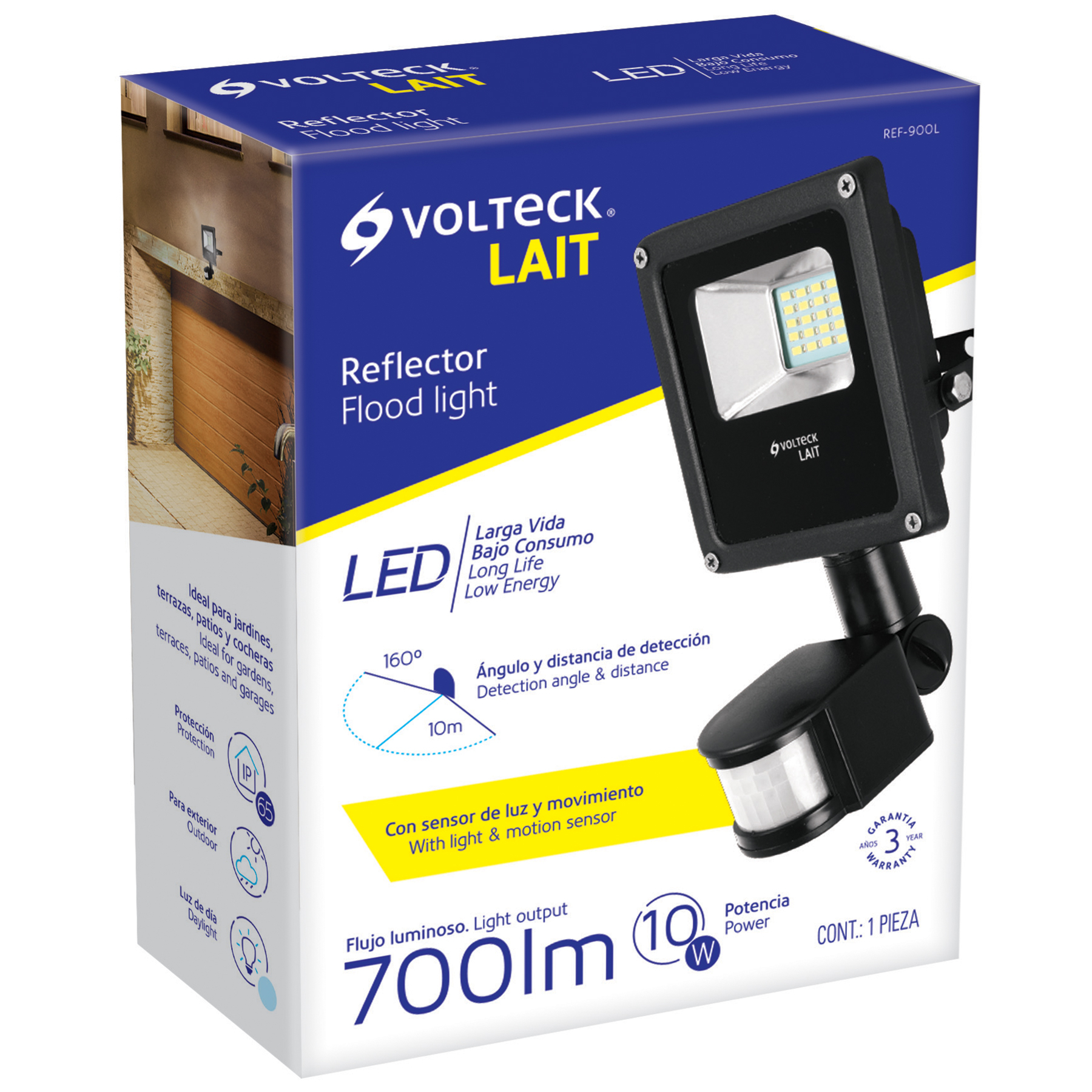 Reflector de LED con sensor de movimiento 10 W, Volteck Lait, Negro