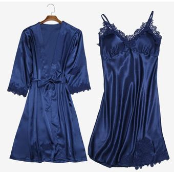 Camisones de satén a la moda para mujer,vestidos para dormir de seda de imitación de hielo #blue-2 