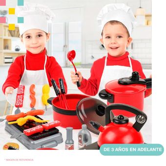 Cocina Infantil Utensillos Comidas + Banco Guarda Juguetes