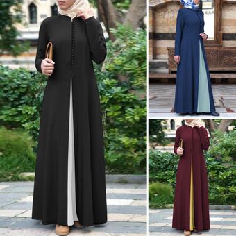Botón ZANZEA mujeres musulmanes del vestido largo maxi camisa abajo remiendo de la manga larga Vestido de tirantes Azul 