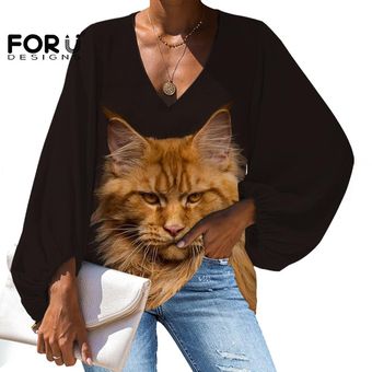 C Camiseta De Manga Larga Con Estampado De Gato Con Cuello E 
