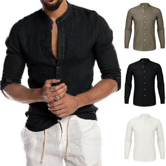 #C Blusa informal de algodón y lino para hombre,camisa holgada de m 