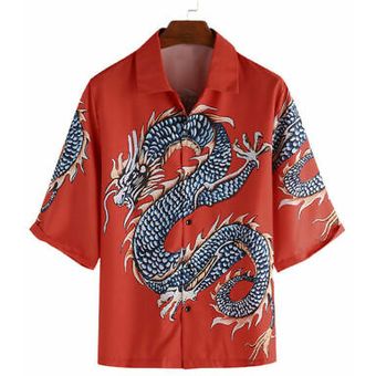 Camisa hawaiana de manga corta con estampado de dragón casual de verano unisex Rojo 