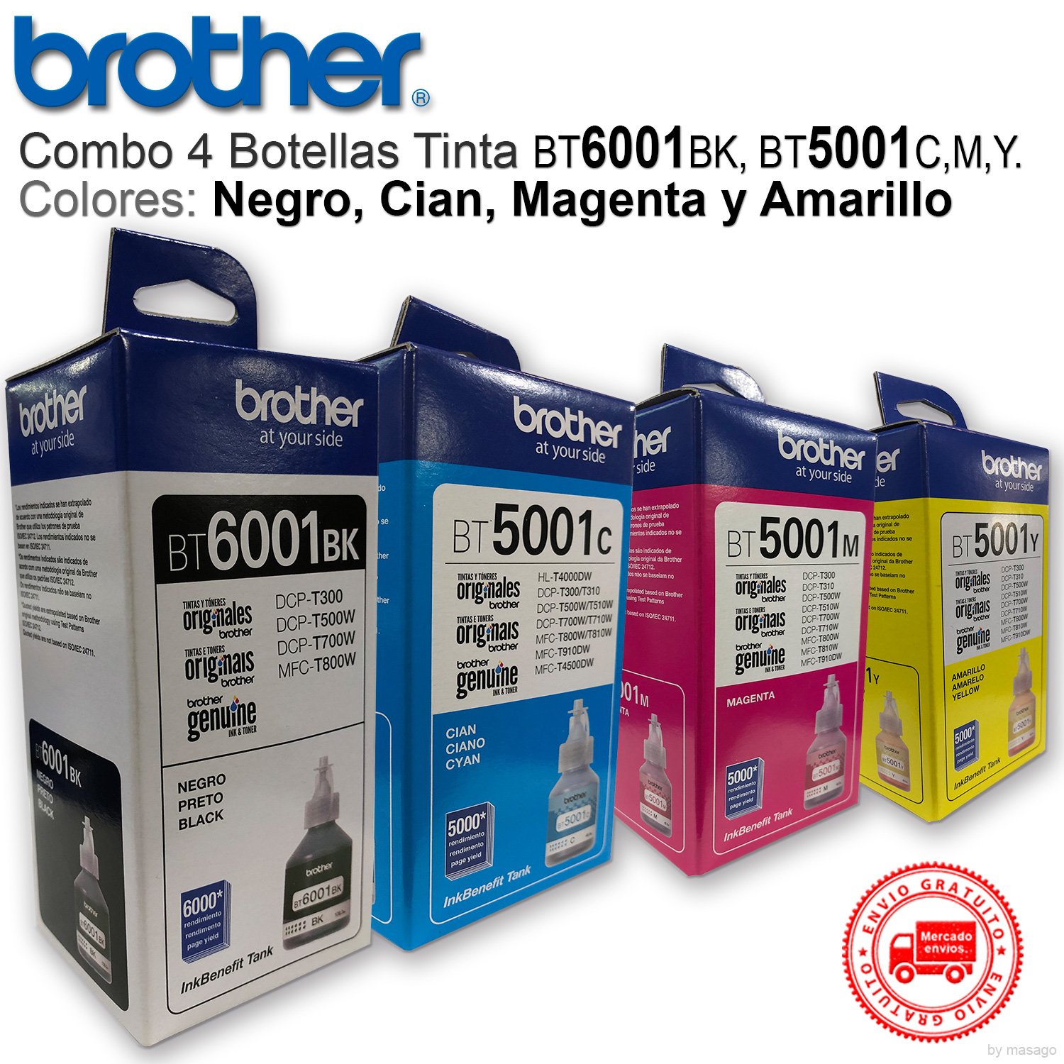 Combo 4 Botella Tinta Brother 1 Bt6001kb 1 Bt5001c 1 Bt5001m 1 Bt5001y