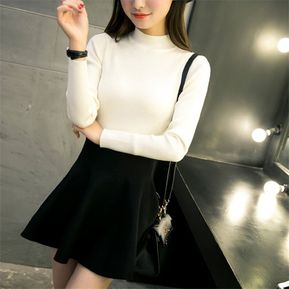 Autumn & Winter Half Turtleneck Slim Bottoming Long-sleeved Knitted Sweater White