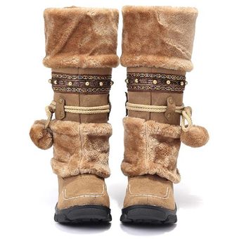 Manera de las mujeres de gran tamaño de deslizamiento Rhinestone En media pantorrilla caliente Knight invierno Altas botas color de barro 