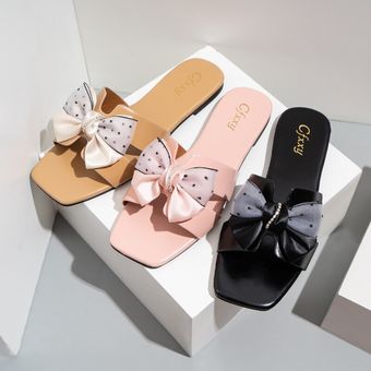Zapatillas con lazo para mujer Sandalias planas con diamantes de imitación 