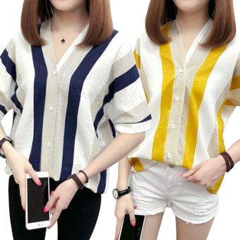 Estilo de la raya Impreso diseño de moda de las mujeres con cuello en V manga corta camiseta tops-amarillo 