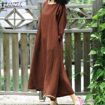 Rojo ZANZEA más el tamaño de las mujeres de manga larga vestido holgado de Encaje de bolsillo vestidos largos Plain 