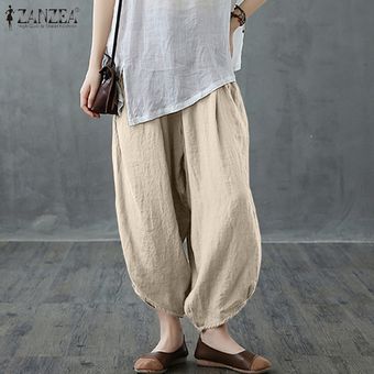 Beige Pantalones largos de algodón para mujer ZANZEA elástico Harem pantalón chino pierna ancha Plus 