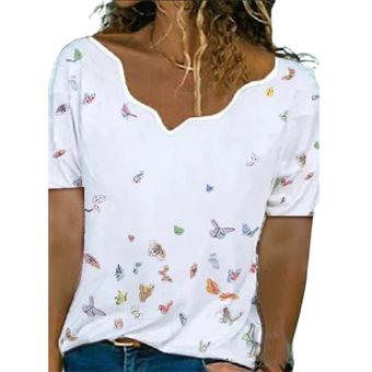 mariposa del verano camiseta de las mujeres del corazón Impreso lindo manga corta irregular Camiseta de cuello 