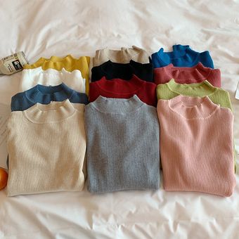 Suéteres de manga larga para mujer Jersey elástico de cuello alto f~ 