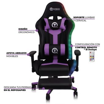 Silla Gamer con Luz RGB Cojín Masajeador Lumbar Ergonómica con Reposapiés  Reclinable Rojo y Negro