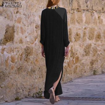 Negro ZANZEA para mujer floral de Long Beach de la manga vestido de la túnica Kaftan vestidos flojos de las señoras 