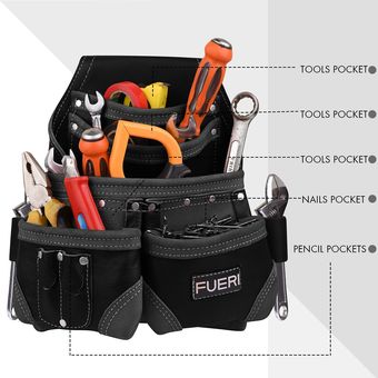FUERI Bolsa de herramientas profesional para electricista de 5 bolsillos |  Bolsa de herramientas de cuero de alta calidad de alta calidad, organizador