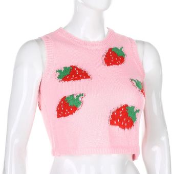 Sweetown-suéter de punto rosa de fresa para mujer  chaleco de calle .. 