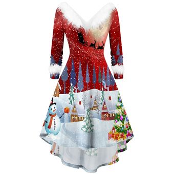 Vestido de Una Pieza de Manga Larga de Felpa Navidad para Mujer 
