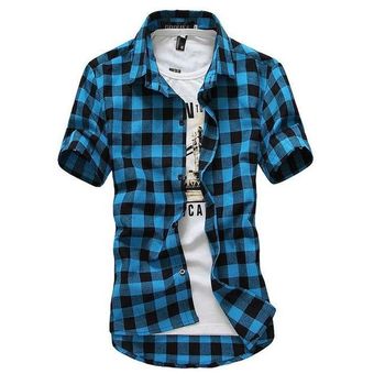 Camisa de cuadros para hombre,camisa de franela de algod #lake blue 