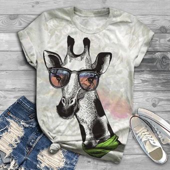 De talla grande camiseta para mujer dibujo de jirafa de manga corta 3d Animal impreso suelto Casual o-Cuello camiseta Tops Tee camiseta #40 