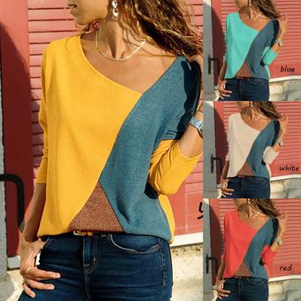 Camisetas de manga larga Tops informales sueltos para Mujer,camiseta de Mujer con retazos,c #White 