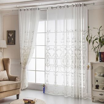 2pcs floral blanco bordado neto cortina de tul ventana gasa Sheer habitación Inicio-White 