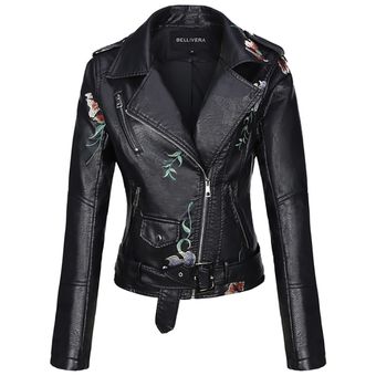 Giolshon-Chaqueta de cuero sintético con bordado de flores para muje 