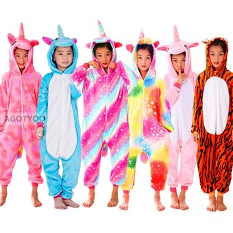 Niñas invierno punto unicornio de Anime de dibujos animados Animal de los pijamas de los ropa de dormir mono de franela pijamas de los niños-Blue Unicorn 