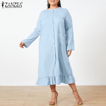 Azul claro ZANZEA más el tamaño de las mujeres de manga larga de volantes Hem botón floja ocasional Abaya camisa sólido vestido 
