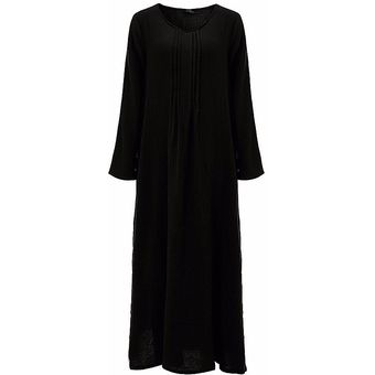 ZANZEA elegante de las mujeres vestido de señora con cuello en V manga  larga bolsillos de camisa de vestir informal plisado sólido suelto Maxi  largo retro Vestidos (Negro) -Negro | Linio México -