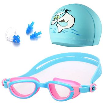 conjunto con rizador para la nariz tapones para los oídos máscara con gafas de buceo Gafas de natación impermeables para niños y niñas gorro de piscina 