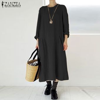 Negro ZANZEA mujer de manga larga cuello de O floja ocasional sólido holgado vestido maxi túnica de algodón Kaftan 