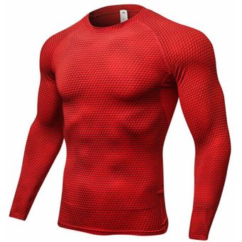Camiseta deportiva de manga larga para correr gimnasio ajustada de compresión de capa base para hombre Rojo 