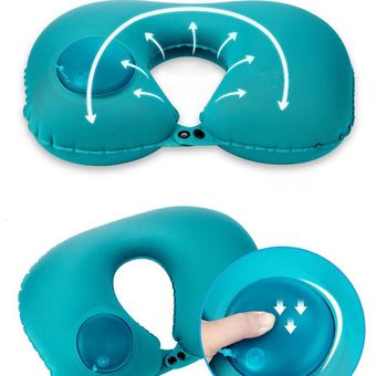 En forma de U empuje protable automático de tipo de almohada inflable resto del cuello del amortiguador de aire-Blue 