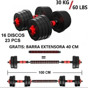 Conjunto de barras y mancuernas con discos de 60 kg totales