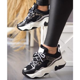 Zapatillas de plataforma para mujer, zapatos de moda de piso, para mujer,  elegantes, negros, zapatillas negras para mujer, zapatillas de deporte de