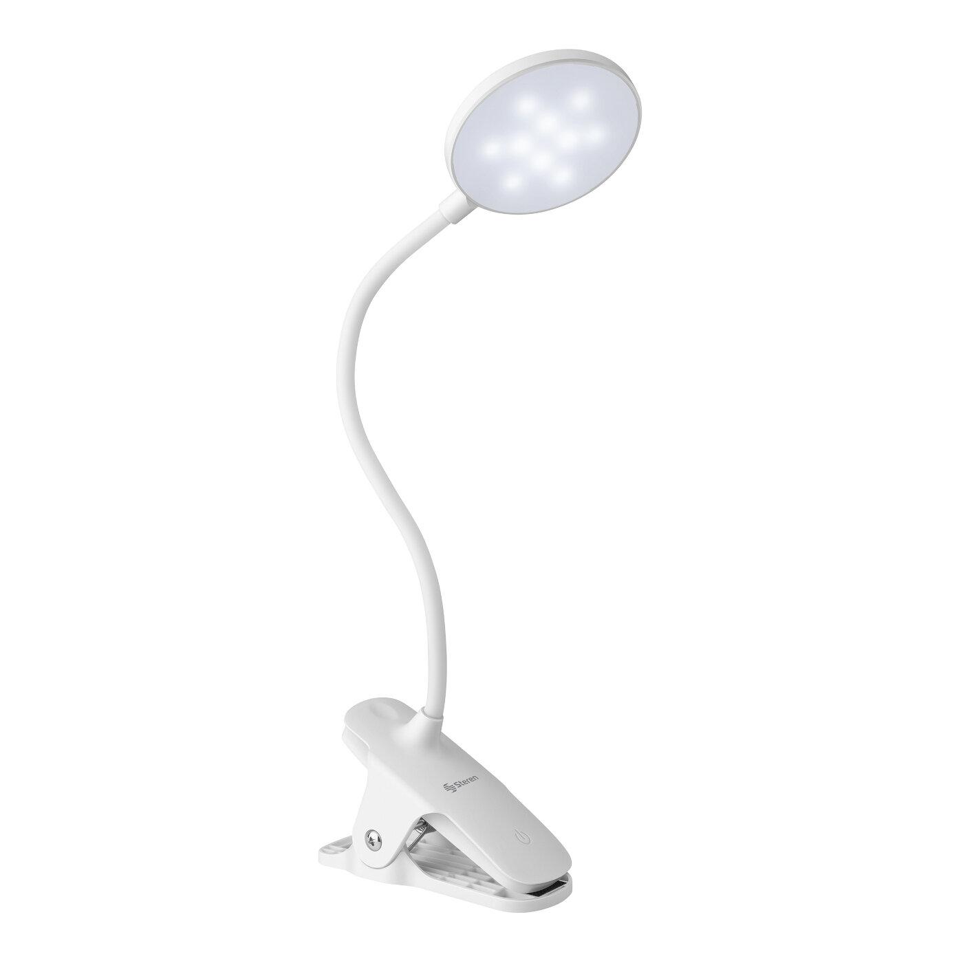 Steren Lámpara LED de luz fría, neutra o cálida, con cuello flexible, pinza y batería recargable