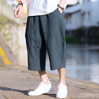 #White Pantalones harén Harajuku para hombre,pantalón de chándal Vintage de algodón y lino,moda de verano 