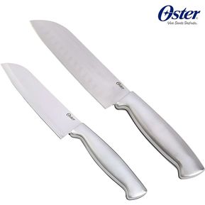 Oster Juego 2 cuchillos Santoku de acero inoxidable de 16 cm y 12.5 cm, Baldwyn c/plata