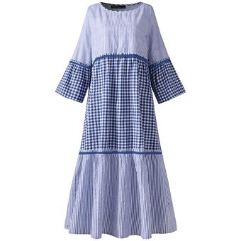 ZANZEA verano de las mujeres de la vendimia 34 causal remiendo de la manga de la tela escocesa holgado vestido maxi largo Azul marino 
