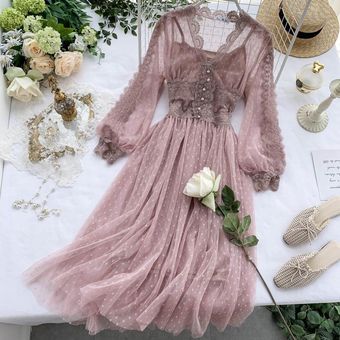 #Pink vestido de manga larga,mujer,encaje Floral,escote en V,lunares,con perlas,hilera de botones,bonito vestido de malla para mujer 