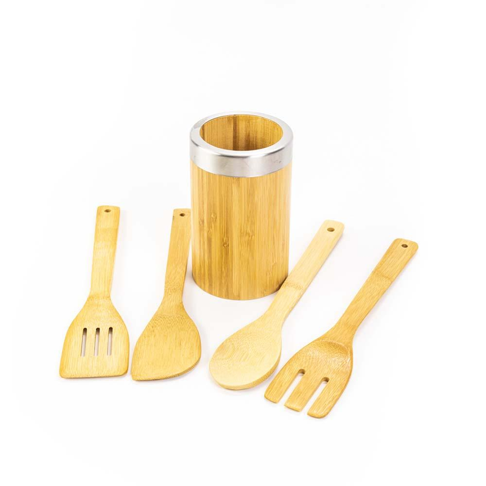 Juego de 4 utensilios de cocina de bambú con soporte