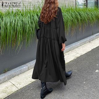 ZANZEA ocasional de las mujeres con gradas Una línea de la llamarada oscilación de vestir de manga larga camisa de vestir de Maxi Negro 