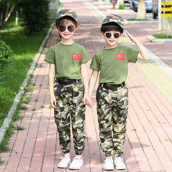 ropa de niños informal,#tops skirt CUI Uniformes militares de entrenamiento para niños sombrero y cinturón traje de ejército de camuflaje táctico al aire libre manga corta pantalón corto 