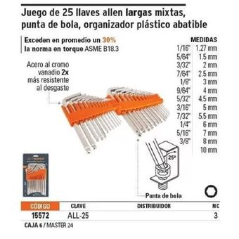 Juego 25 llaves allen largas punta bola