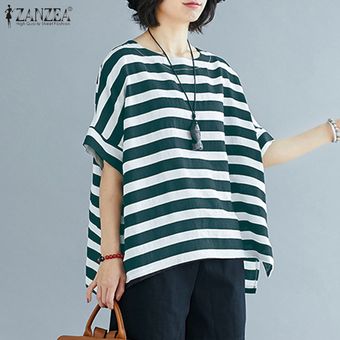 Verde ZANZEA la venta de separación verano de las mujeres casuales con bandas retro del primer golpe camiseta de manga corta de la blusa 