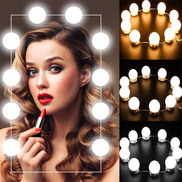 Luces de espejo, 3 Tipos de Luz, 10 bombillas,Focos para Espejo, Maquillaje, Vestidor, Baño, Luces L