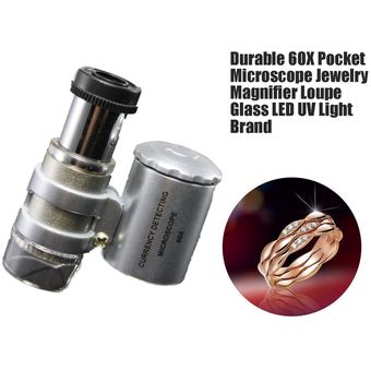 Duradera joyería 60X microscopio de bolsillo lupa de la lupa de cristal LED UV Marca Luz Plata 