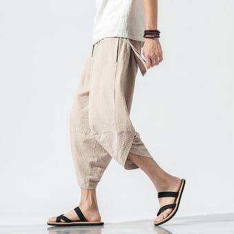 #K14 Light Khaki Pantalones de harén de algodón de verano Casual hombres pantalones de Hip Hop Cruz Bloomers-pantorrilla pantalones larga Streetwear 