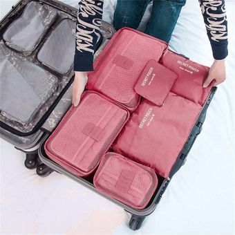 6 PC  sistema Plaza del equipaje del viaje bolsas de almacenamiento de ropa bolsa de la caja del organizador Melon rojo 